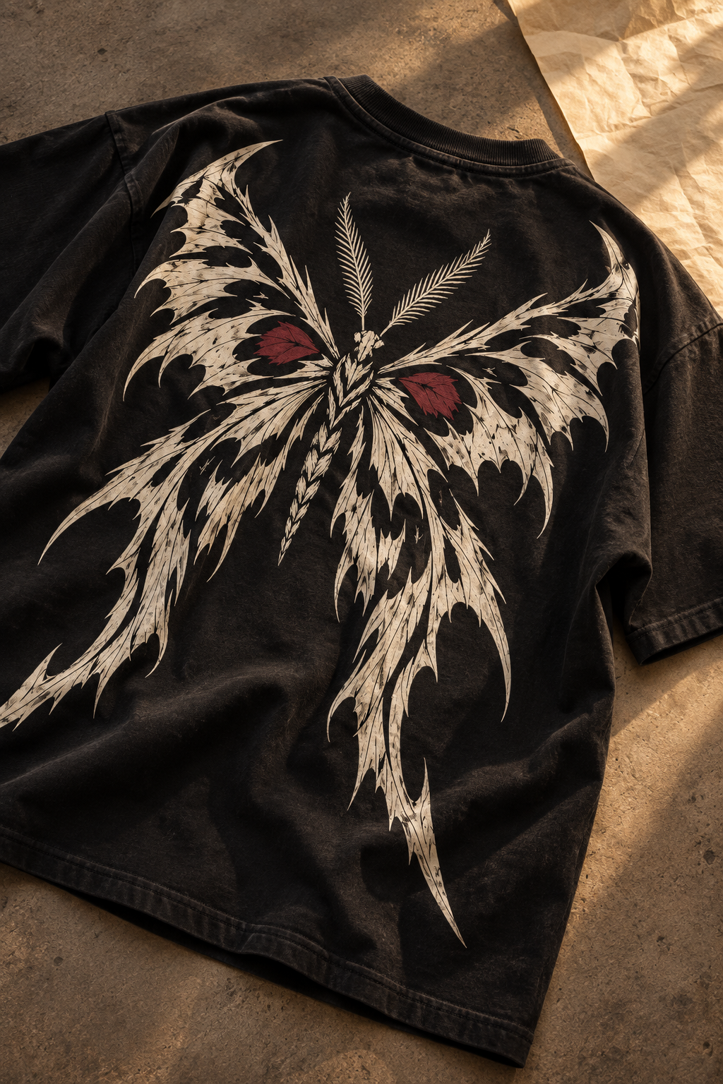Diseño conceptual RAZORWING en tinta hueso y vino sobre una camiseta negra.